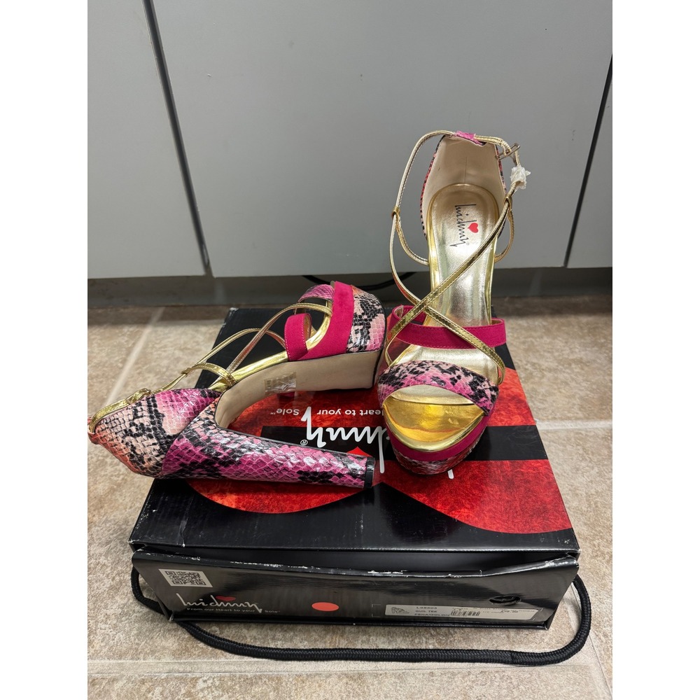Luichiny Guil Tee Pink Snakeskin Platform Sandals Gold Strappy Heels 7.5 L65503